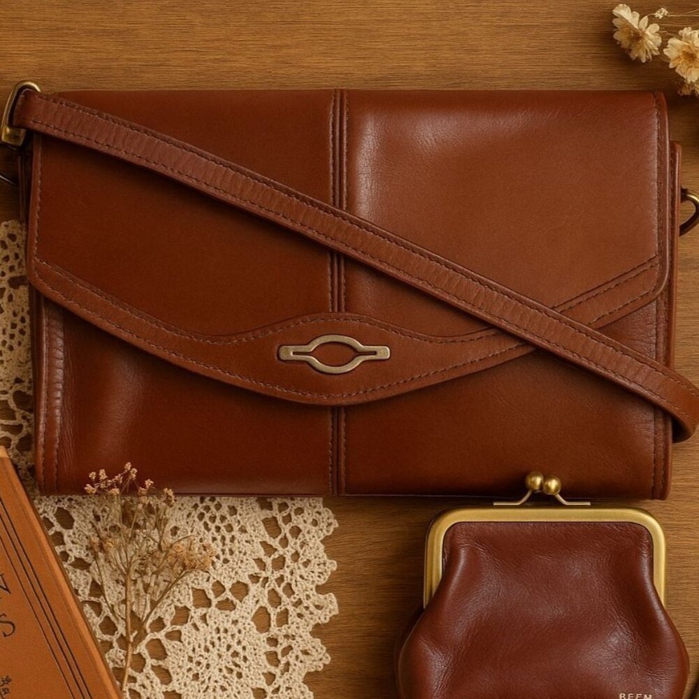 Reem USA Leather Shoulder Bag Set Brown VTG Crossbody Purse Matching Minimalist